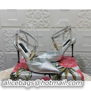 Good Quality Dolce & Gabbana DG Slingback Pumps 10.5cm with Lock Chain in Snakeskin-Like Calfskin Silver 325086