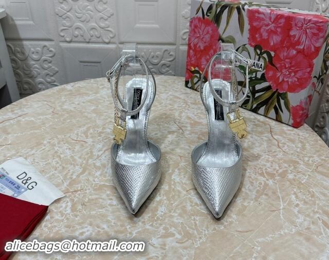 Good Quality Dolce & Gabbana DG Slingback Pumps 10.5cm with Lock Chain in Snakeskin-Like Calfskin Silver 325086