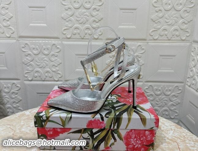 Good Quality Dolce & Gabbana DG Slingback Pumps 10.5cm with Lock Chain in Snakeskin-Like Calfskin Silver 325086