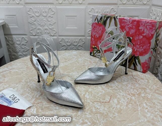 Good Quality Dolce & Gabbana DG Slingback Pumps 10.5cm with Lock Chain in Snakeskin-Like Calfskin Silver 325086