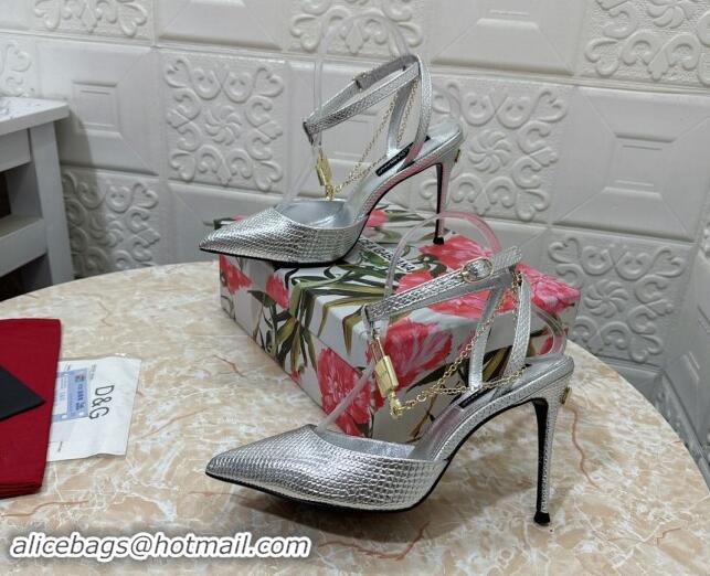 Good Quality Dolce & Gabbana DG Slingback Pumps 10.5cm with Lock Chain in Snakeskin-Like Calfskin Silver 325086