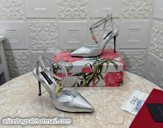 Good Quality Dolce & Gabbana DG Slingback Pumps 10.5cm with Lock Chain in Snakeskin-Like Calfskin Silver 325086