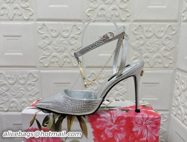 Good Quality Dolce & Gabbana DG Slingback Pumps 10.5cm with Lock Chain in Snakeskin-Like Calfskin Silver 325086