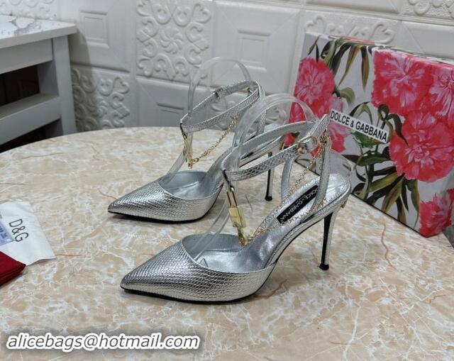 Good Quality Dolce & Gabbana DG Slingback Pumps 10.5cm with Lock Chain in Snakeskin-Like Calfskin Silver 325086