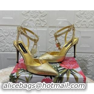 Top Grade Dolce & Gabbana DG Slingback Pumps 10.5cm with Lock Chain in Snakeskin-Like Calfskin Gold 325087