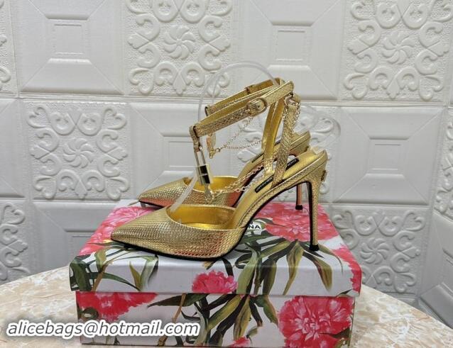 Top Grade Dolce & Gabbana DG Slingback Pumps 10.5cm with Lock Chain in Snakeskin-Like Calfskin Gold 325087