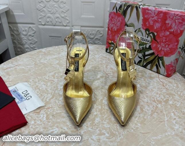 Top Grade Dolce & Gabbana DG Slingback Pumps 10.5cm with Lock Chain in Snakeskin-Like Calfskin Gold 325087