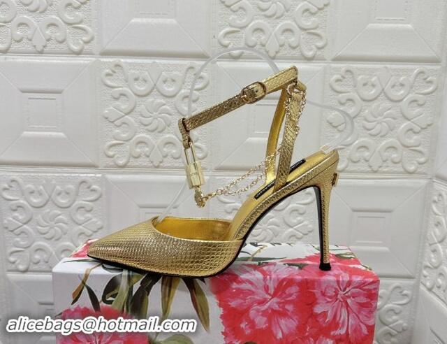 Top Grade Dolce & Gabbana DG Slingback Pumps 10.5cm with Lock Chain in Snakeskin-Like Calfskin Gold 325087