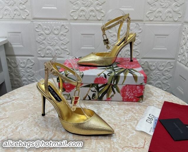 Top Grade Dolce & Gabbana DG Slingback Pumps 10.5cm with Lock Chain in Snakeskin-Like Calfskin Gold 325087