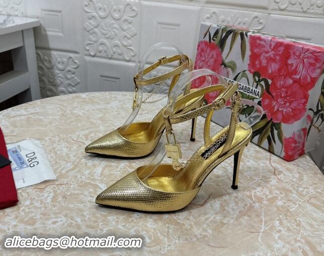 Top Grade Dolce & Gabbana DG Slingback Pumps 10.5cm with Lock Chain in Snakeskin-Like Calfskin Gold 325087