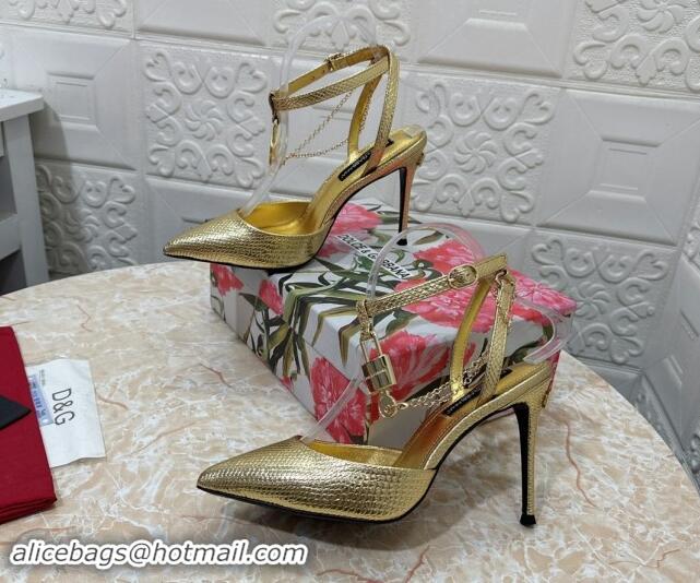 Top Grade Dolce & Gabbana DG Slingback Pumps 10.5cm with Lock Chain in Snakeskin-Like Calfskin Gold 325087