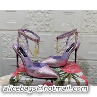 Luxurious Dolce & Gabbana DG Slingback Pumps 10.5cm with Lock Chain in Snakeskin-Like Calfskin Purple 325088