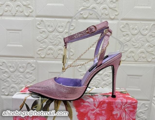 Luxurious Dolce & Gabbana DG Slingback Pumps 10.5cm with Lock Chain in Snakeskin-Like Calfskin Purple 325088