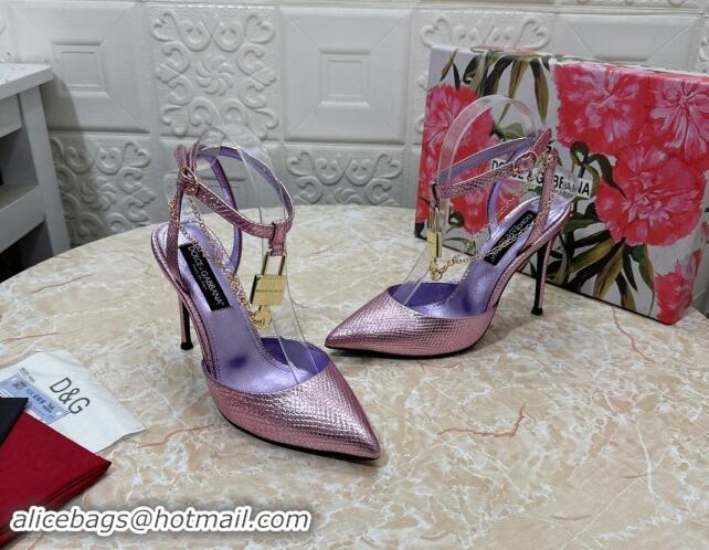 Luxurious Dolce & Gabbana DG Slingback Pumps 10.5cm with Lock Chain in Snakeskin-Like Calfskin Purple 325088