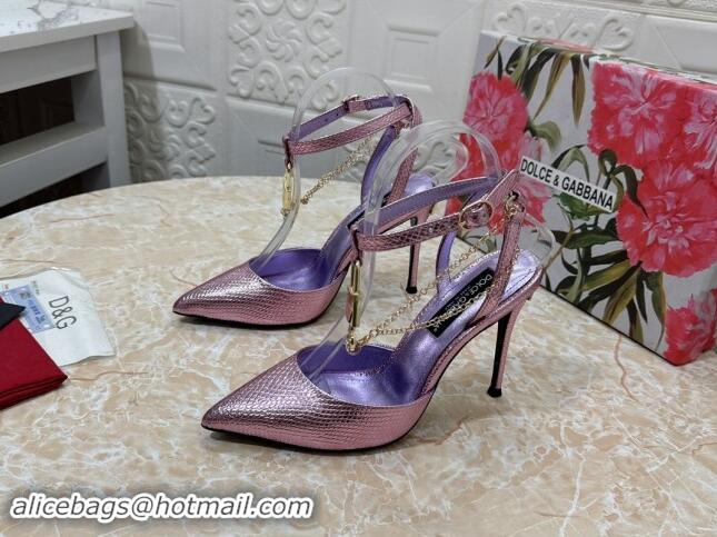 Luxurious Dolce & Gabbana DG Slingback Pumps 10.5cm with Lock Chain in Snakeskin-Like Calfskin Purple 325088