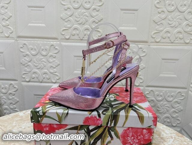 Luxurious Dolce & Gabbana DG Slingback Pumps 10.5cm with Lock Chain in Snakeskin-Like Calfskin Purple 325088