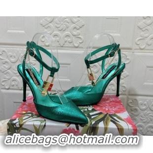 Most Popular Dolce & Gabbana DG Slingback Pumps 10.5cm with Lock Chain in Snakeskin-Like Calfskin Green 325089