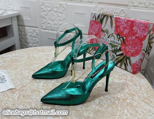 Most Popular Dolce & Gabbana DG Slingback Pumps 10.5cm with Lock Chain in Snakeskin-Like Calfskin Green 325089