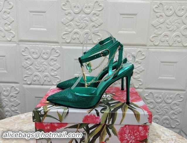 Most Popular Dolce & Gabbana DG Slingback Pumps 10.5cm with Lock Chain in Snakeskin-Like Calfskin Green 325089