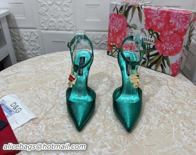 Most Popular Dolce & Gabbana DG Slingback Pumps 10.5cm with Lock Chain in Snakeskin-Like Calfskin Green 325089