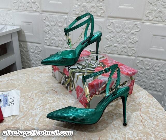 Most Popular Dolce & Gabbana DG Slingback Pumps 10.5cm with Lock Chain in Snakeskin-Like Calfskin Green 325089