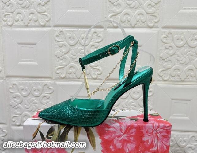 Most Popular Dolce & Gabbana DG Slingback Pumps 10.5cm with Lock Chain in Snakeskin-Like Calfskin Green 325089