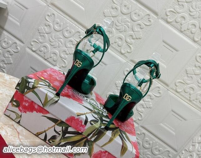 Most Popular Dolce & Gabbana DG Slingback Pumps 10.5cm with Lock Chain in Snakeskin-Like Calfskin Green 325089