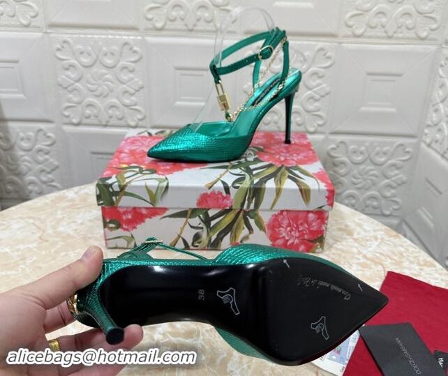 Most Popular Dolce & Gabbana DG Slingback Pumps 10.5cm with Lock Chain in Snakeskin-Like Calfskin Green 325089