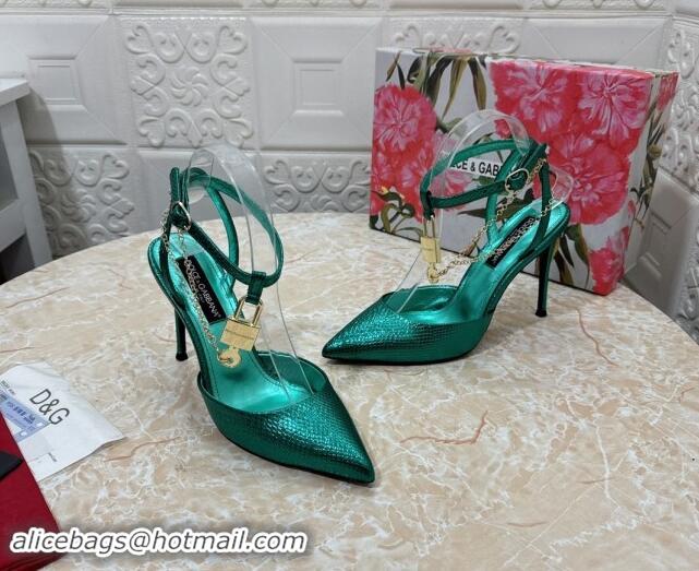 Most Popular Dolce & Gabbana DG Slingback Pumps 10.5cm with Lock Chain in Snakeskin-Like Calfskin Green 325089