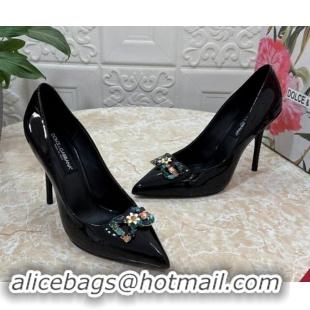 Pretty Style Dolce & Gabbana Patent Calfskin Pumps 10.5cm with Crystals DG Black 325090