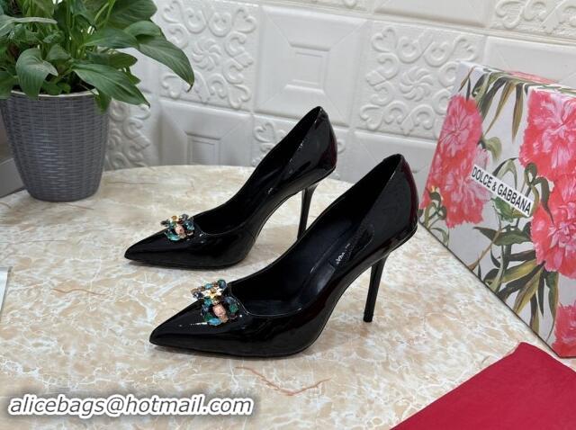 Pretty Style Dolce & Gabbana Patent Calfskin Pumps 10.5cm with Crystals DG Black 325090