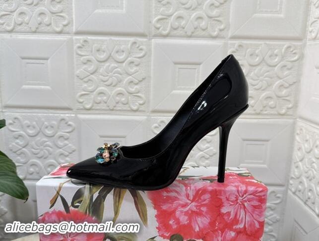 Pretty Style Dolce & Gabbana Patent Calfskin Pumps 10.5cm with Crystals DG Black 325090