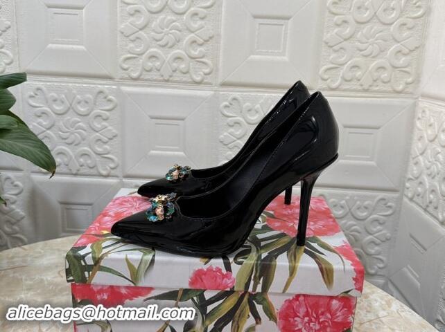 Pretty Style Dolce & Gabbana Patent Calfskin Pumps 10.5cm with Crystals DG Black 325090