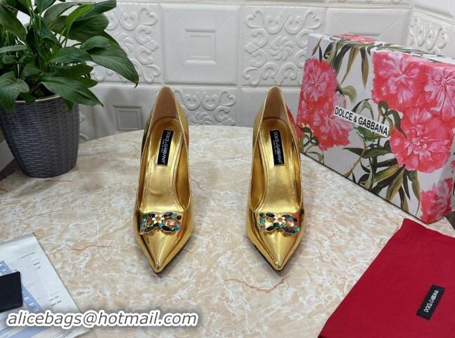 Good Looking Dolce & Gabbana Patent Calfskin Pumps 10.5cm with Crystals DG Gold 325093