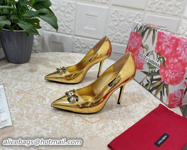 Good Looking Dolce & Gabbana Patent Calfskin Pumps 10.5cm with Crystals DG Gold 325093