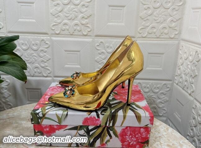 Good Looking Dolce & Gabbana Patent Calfskin Pumps 10.5cm with Crystals DG Gold 325093