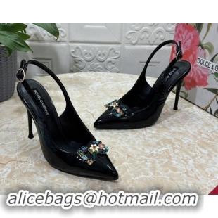 Sophisticated Dolce & Gabbana Patent Calfskin Slingback Pumps 10.5cm with Crystals DG Black 325096