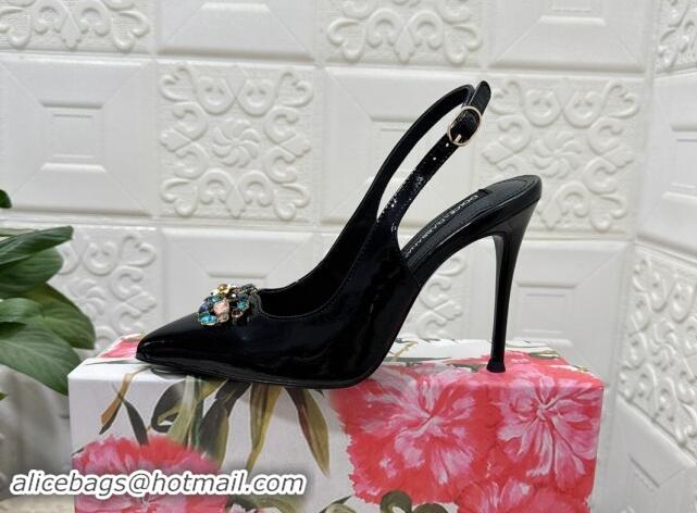 Sophisticated Dolce & Gabbana Patent Calfskin Slingback Pumps 10.5cm with Crystals DG Black 325096