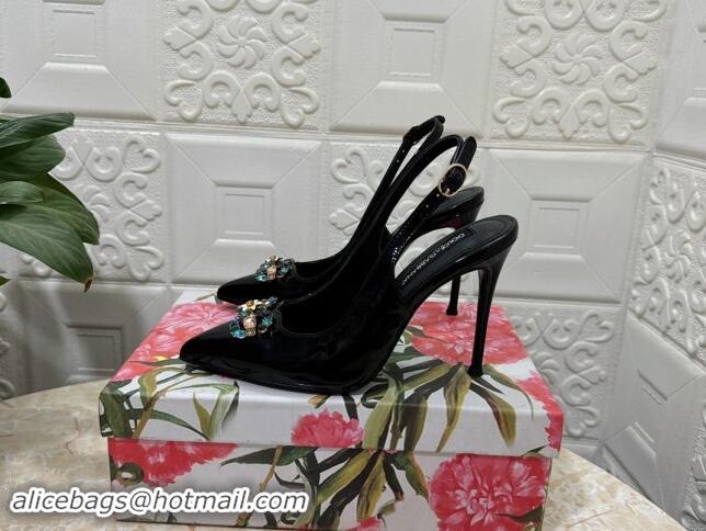 Sophisticated Dolce & Gabbana Patent Calfskin Slingback Pumps 10.5cm with Crystals DG Black 325096