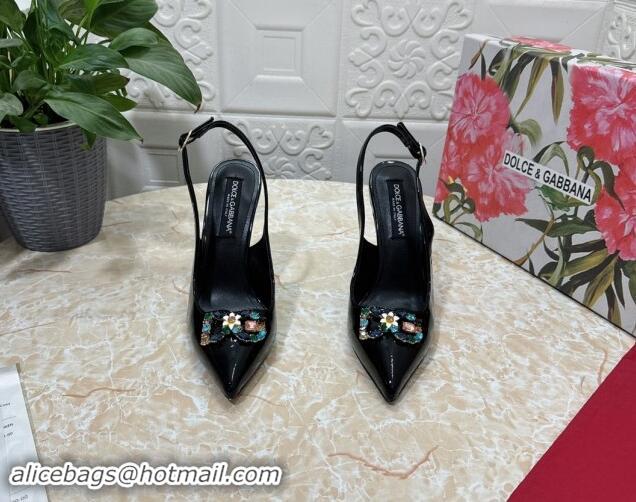 Sophisticated Dolce & Gabbana Patent Calfskin Slingback Pumps 10.5cm with Crystals DG Black 325096