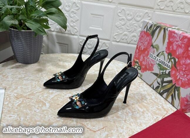 Sophisticated Dolce & Gabbana Patent Calfskin Slingback Pumps 10.5cm with Crystals DG Black 325096