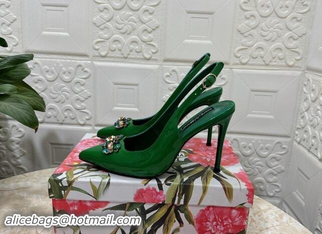 Feminine Dolce & Gabbana Patent Calfskin Slingback Pumps 10.5cm with Crystals DG Green 325097