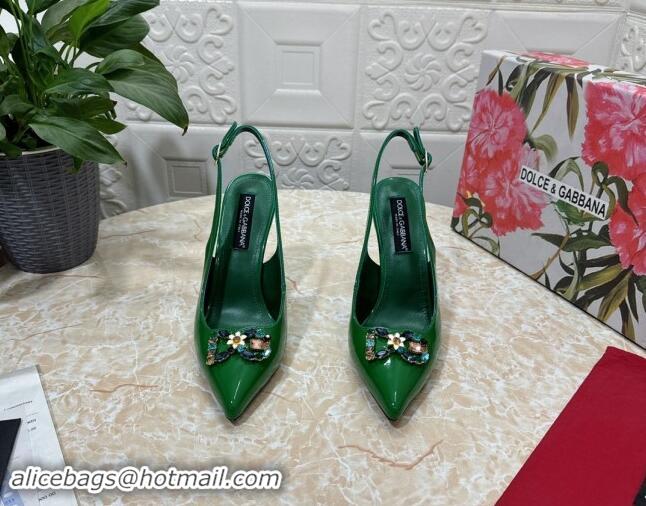 Feminine Dolce & Gabbana Patent Calfskin Slingback Pumps 10.5cm with Crystals DG Green 325097