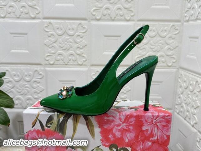 Feminine Dolce & Gabbana Patent Calfskin Slingback Pumps 10.5cm with Crystals DG Green 325097