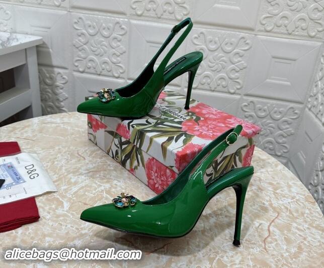 Feminine Dolce & Gabbana Patent Calfskin Slingback Pumps 10.5cm with Crystals DG Green 325097