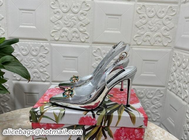 Luxury Cheap Dolce & Gabbana Patent Calfskin Slingback Pumps 10.5cm with Crystals DG Silver 325098