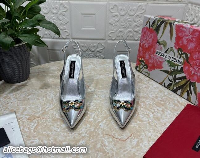 Luxury Cheap Dolce & Gabbana Patent Calfskin Slingback Pumps 10.5cm with Crystals DG Silver 325098