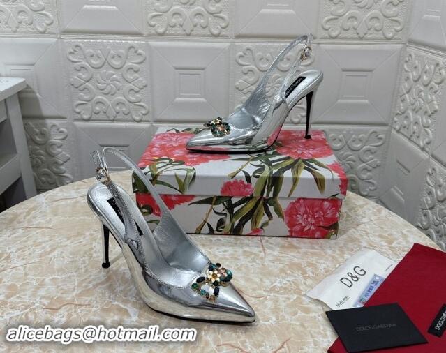 Luxury Cheap Dolce & Gabbana Patent Calfskin Slingback Pumps 10.5cm with Crystals DG Silver 325098