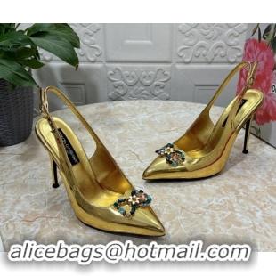 Luxury Dolce & Gabbana Patent Calfskin Slingback Pumps 10.5cm with Crystals DG Gold 325099