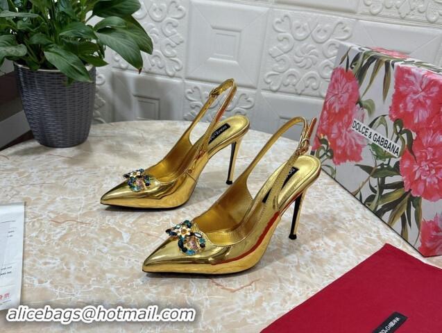 Luxury Dolce & Gabbana Patent Calfskin Slingback Pumps 10.5cm with Crystals DG Gold 325099